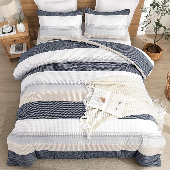 Litanika Oversized Queen Comforter Set Blue Yellow 98x98-3 Pieces Lightweight Colorblock Stripe Fluffy Bedding Comforter Sets, All Season Bed Set