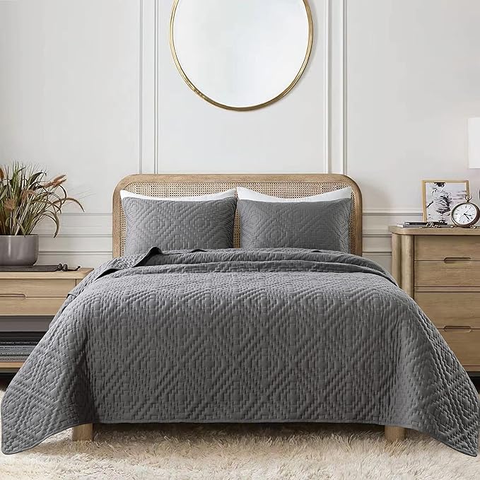 R.SHARE Dark Grey Queen Size Quilt Bedding Sets with Pillow Shams, Boho Full Lightweight Soft Bedspread Coverlet, Quilted Blanket Thin Comforter Bed Cover for All Season, 3 Pieces, 90x90 inches