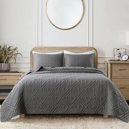 R.SHARE Dark Grey Queen Size Quilt Bedding Sets with Pillow Shams, Boho Full Lightweight Soft Bedspread Coverlet, Quilted Blanket Thin Comforter Bed Cover for All Season, 3 Pieces, 90x90 inches
