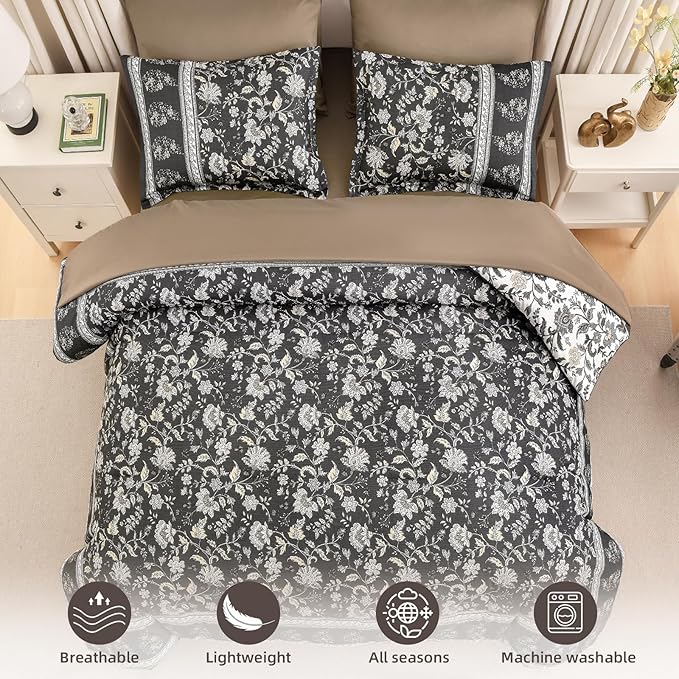Dinjoy Boho Comforter Set Queen,Brown Gray Bedding Paisley Floral 7 Piece Bed in a Bag Reversible Lightweight Bohemain Comforters with Sheet Sets for All Season