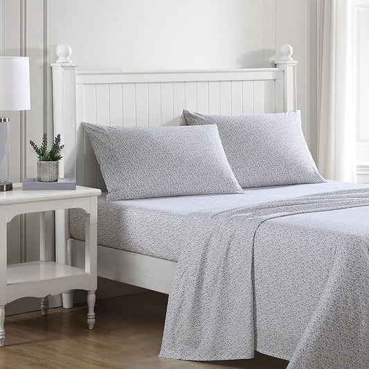 Laura Ashley - Twin Sheet Set, Crisp & Cool Cotton Percale Bedding with Deep Pockets, Lightweight for Year Round Comfort, Bed Sheets with Matching Pillowcase (Emogene Purple)
