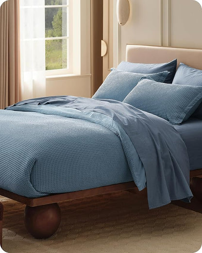 Bedsure Cotton Duvet Cover King - 100% Cotton Waffle Weave Grey Blue Duvet Cover King Size, GentleSoft™ and Breathable Bedding Set for All Season, 3 Pieces, 104"x90"