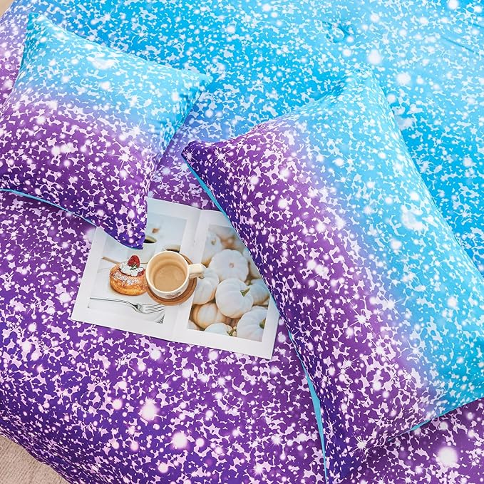 RYNGHIPY Blue Purple Girls Bedding Set 3D Colorful Galaxy Starry Comforter Sets for Girls Kids Full Lightweight Soft Rainbow Bed in A Bag