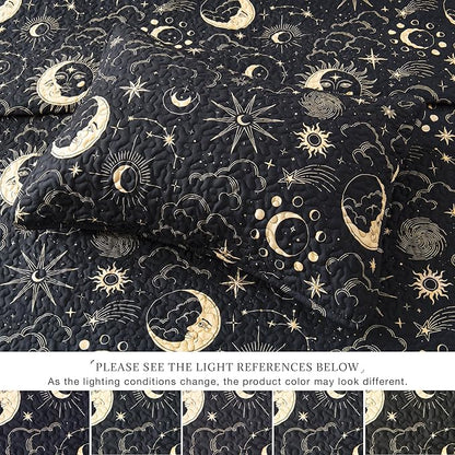 EXQ Home Quilt Set King Size Black Print 3 Piece,Lightweight Soft Coverlet Modern Style Sun Starry Pattern Bedspread Set(1 Quilt,2 Pillow Shams)