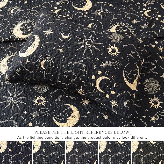 EXQ Home Quilt Set Full Queen Size Black Print 3 Piece,Lightweight Soft Coverlet Modern Style Sun Starry Pattern Bedspread Set(1 Quilt,2 Pillow Shams)