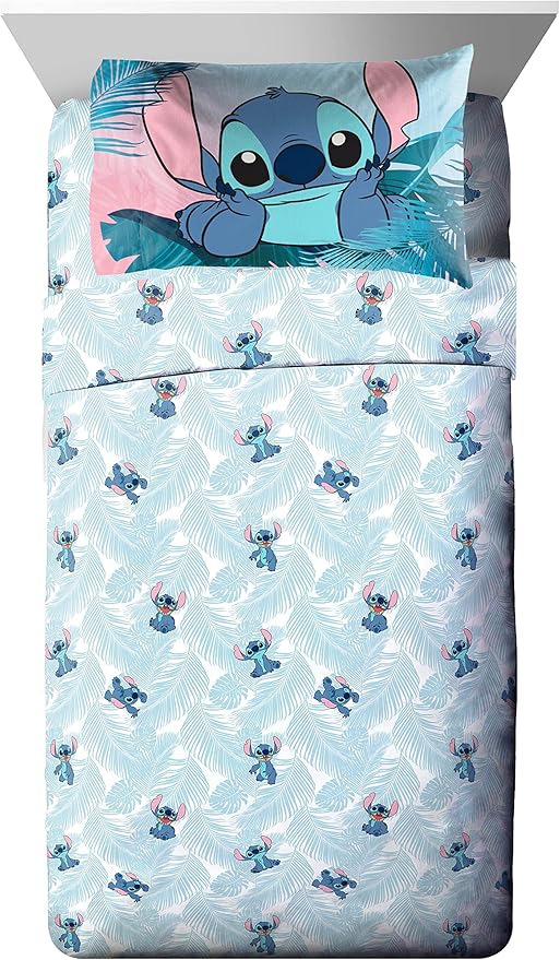 Jay Franco Disney Lilo & Stitch Floral Fun 5 Piece Twin Bed Set - Includes Reversible Comforter & Sheet Set Bedding - Super Soft Fade Resistant Microfiber