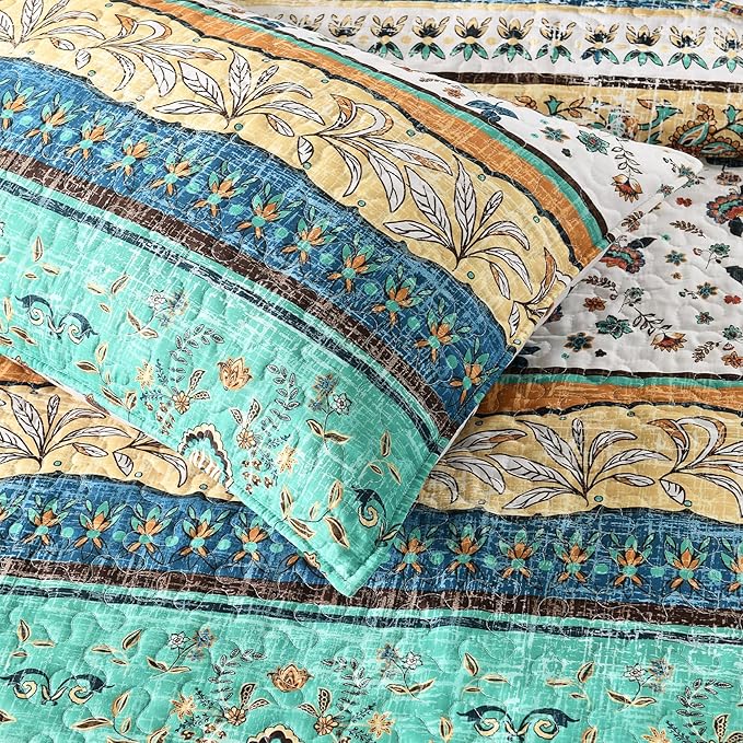HORIMOTE HOME Boho Style Queen Quilt Set Yellow Bohemian Floral Strip Quilt Beddding Set, Soft and Lightweight Bedspread for All Season, Full Size Bed Coverlet with 2 Matching Pillow Shams (3 Pieces)