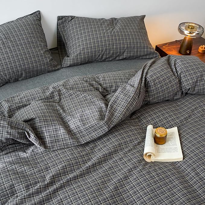 EAVD Vintage Style Grey Plaid Gingham Duvet Cover Full 100% Washed Cotton Like Linen Feel Soft Grid Plaid Bedding Set with 2 Pillowcases Farmhouse Grid Geometric Pattern Duvet Cover with Zipper