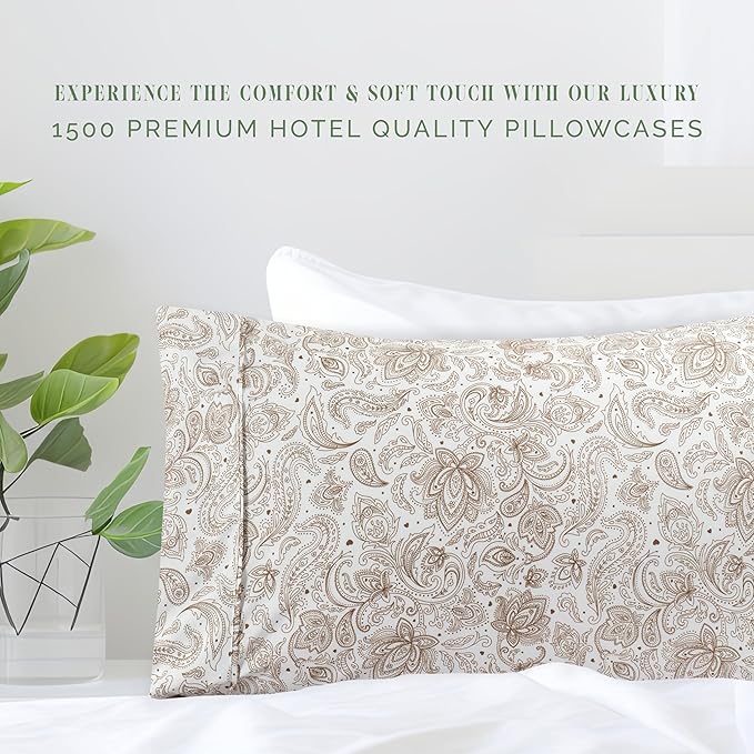 Elegant Comfort Ultra Soft Set of 2 Floral Print Pillowcases - 1500 Premium Hotel Quality Microfiber, Soft and Smooth Envelope Closure 2-Piece Pillow Covers - King, Paisley Taupe