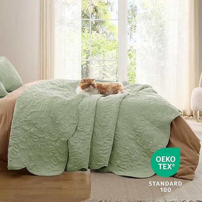 Bedsure Quilts Queen Size - Ultra Soft Pre-Washed Cloud-Like Bedding, All-Season Lightweight Comforter for Country Bedroom, Leaf Design Coverlet in Desert Sage, 90 x 96 Inches | Stitch-Free Quilting, Ultra Soft, Lightweight, Machine Washable, Pet-Friendly