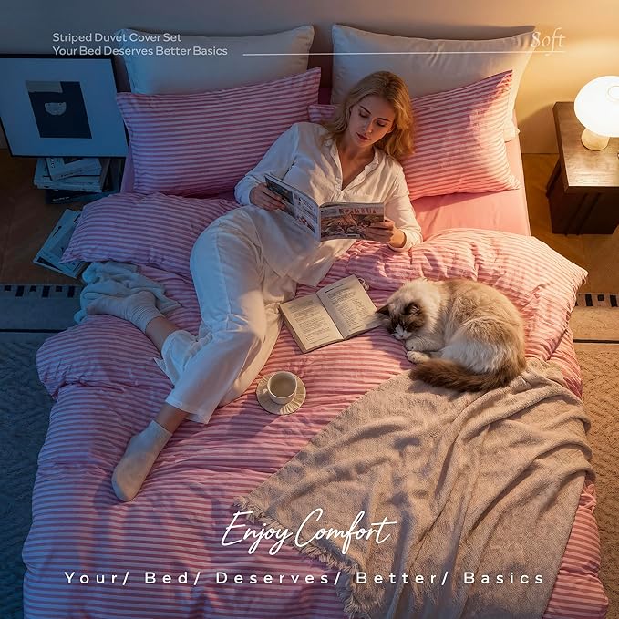 JELLYMONI Full Duvet Cover Set, Cotton Duvet Cover 2 Pieces with Zipper Closure, 1 Duvet Cover and 2 Pillowcases(Pink with White Striped)
