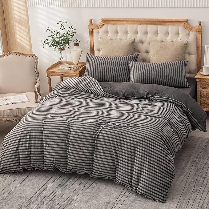 PURE ERA Jersey Knit Duvet Cover Set 100% T-Shirt Heather Cotton Super Soft Comfy Classic Striped Design, with Zipper Closure, Charcoal Dark Grey Stripe, Full