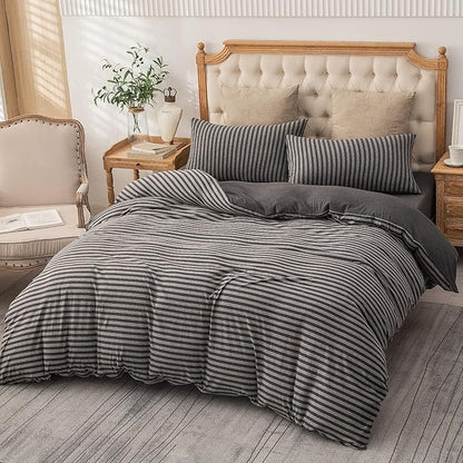 PURE ERA Jersey Knit Duvet Cover Set 100% T-Shirt Heather Cotton Super Soft Comfy Classic Striped Design, with Zipper Closure, Charcoal Dark Grey Stripe, Full