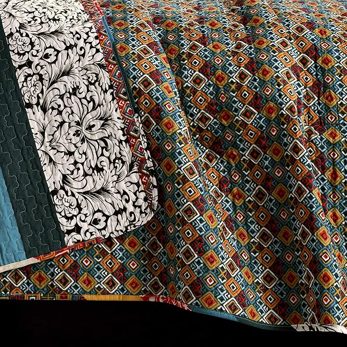 Lush Decor Boho Stripe Reversible Cotton Quilt 3-Piece Set, Full/ Queen, Turquoise & Tangerine - Bold Colorful Bohemian Bedding Set