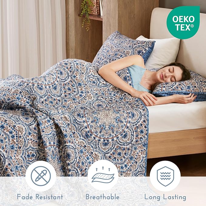 Comfort Spaces Valerie Boho Quilt Set Full/Queen Blue - Reversible Lightweight Bedding with Watercolor Medallion, Cozy All Season Quilt for Guest Room, Dorm, Teen or Adult Bed