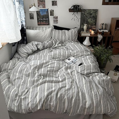 mixinni Vintage Gray & White Striped Duvet Cover Set - 3 Piece 100% Washed Cotton Twin XL Size Bedding | Minimalist Gender-Neutral Design | Ultra-Soft Breathable, with Zipper Closure & Corner Ties