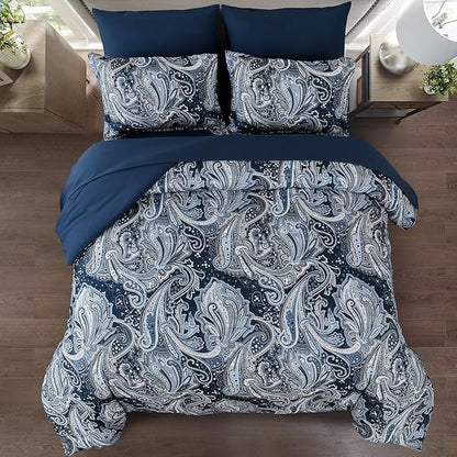 DJY Navy Paisley Comforter Set King Size 7 Piece Bed in a Bag Boho Paisley Pattern Comforter Set Soft Lightweight Microfiber Blue Reversible Bedding Set for All Season (104''x90'')