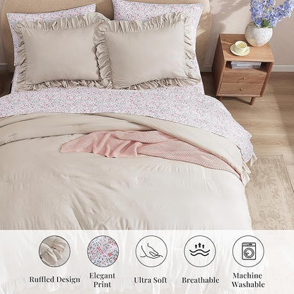 Twin XL Comforter Set - 5 Pieces Ruffle Birch Bedding Sets, Shabby Chic Farmhouse Bed in a Bag Twin XL with Ruffle Comforter, Floral Sheets, Pillowcases & Shams