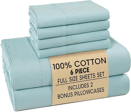 Casa Platino Full Sheets Sets – 100% Cotton Full Sheets Cooling with 4 Pillowcases, 15" Deep Pocket Fitted Sheet, Crisp & Smooth Feel, Ultra Soft & Cozy, Fit – Blue Sky