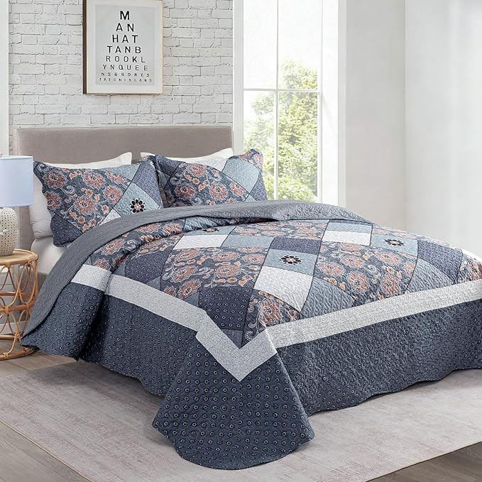 Travan 3-Piece Queen Bedspread Quilt Set Lightweight Coverlet Set Garden Style Floral Printed Oversized Quilted Bedding Set with Shams for All Season, Exquisite, Queen Size