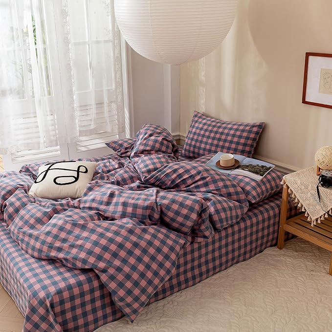 EAVD Modern Purple Pink Plaid Duvet Cover King Soft Cotton Reversible Grid Plaid Bedding Set with 2 Pillowcases Simple Checkered Geometric Duvet Cover with Zipper Closure
