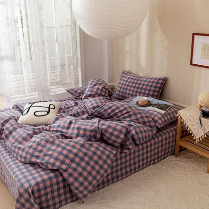 EAVD Modern Purple Pink Plaid Duvet Cover King Soft Cotton Reversible Grid Plaid Bedding Set with 2 Pillowcases Simple Checkered Geometric Duvet Cover with Zipper Closure