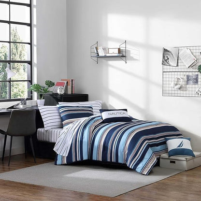 Nautica - King Comforter Set, Ultra Soft Bedding with a Woven Textured Feel, Medium Weight for Year Round Comfort, 5 Piece Bed Set with Matching Pillowcases & Bonus Throw Pillows (Colton Blue)