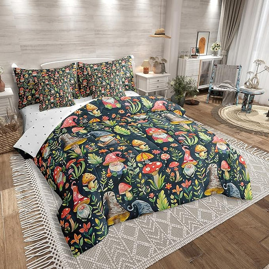 Mushroom Gnome Comforter Set Bed in a Bag 7 Pieces Full,Botanical Leaves Bedding Set for Girls Teens Kids,Colorful Mushroom Plants (Comforter+Fitted+Flat Sheet+2 Pillowcases+2 Throw Pillow Covers)