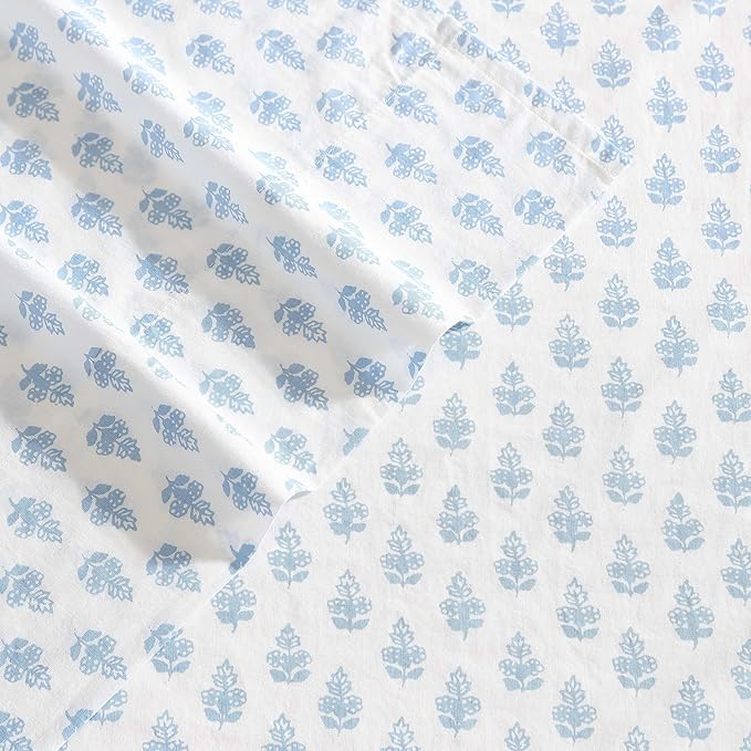 Laura Ashley - King Sheet Set, Crisp & Cool Cotton Percale Bedding with Deep Pockets, Lightweight for Year Round Comfort, Bed Sheets with Matching Pillowcases (Francesca Blue)