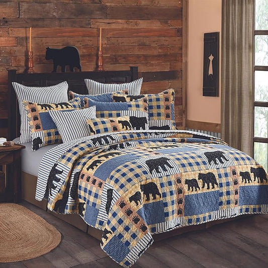Virah Bella 3 Piece Queen Lodge Quilt Bedding Set - Black Bear Plaid - Rustic Cabin Country Reversible Camping Comforter Set with Decorative Pillow Shams, Blue/Black