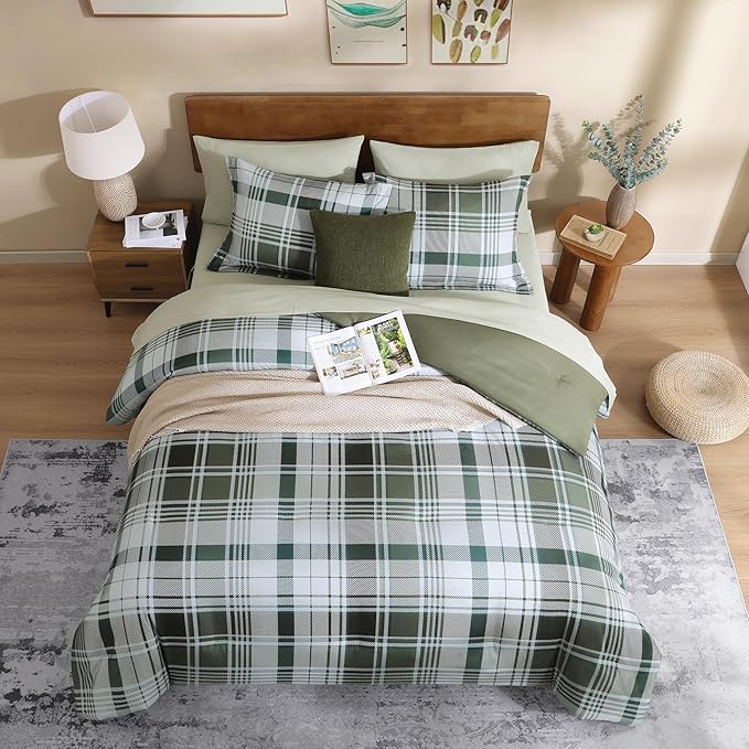 MaiRêve Olive Green Twin XL Comforter Set, Twin XL Bedding Sets for Boys Girls 5 Pieces for Dorm Farmhouse All Season Lightweight &Comfy with Fitted Sheet, Flat Sheet (Olive Green, 66"x90")