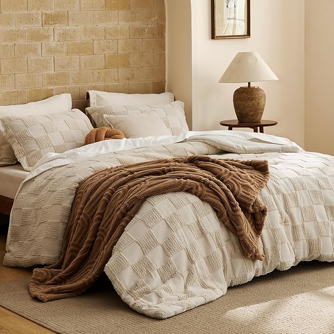 Bedsure Full Size Comforter Set Beige, Boho Tufted Bed Set, Checkered Farmhouse Shabby Chic Bedding, 3 Pieces, 1 Plaid Geometric Comforter and 2 Pillow Shams