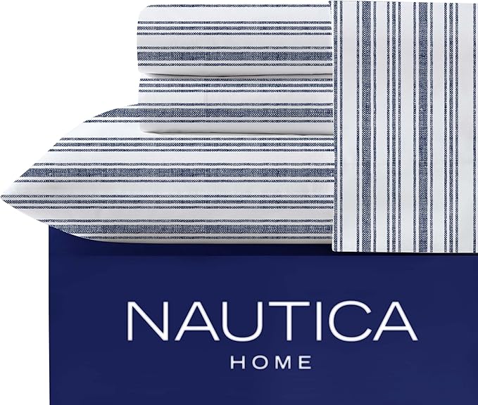 Nautica - Full Size Sheet Set, Crisp & Tailored Cooling Sheets with a Smooth Cotton Percale Lightweight Feel - Bed Sheets with Matching Pillowcases & Fitted Sheet (Coleridge Stripe Blue)