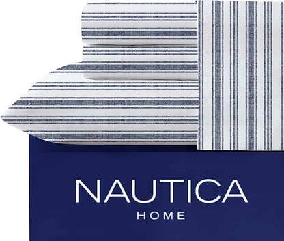 Nautica - Full Size Sheet Set, Crisp & Tailored Cooling Sheets with a Smooth Cotton Percale Lightweight Feel - Bed Sheets with Matching Pillowcases & Fitted Sheet (Coleridge Stripe Blue)
