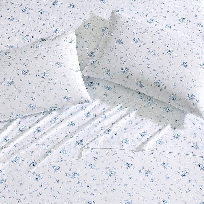 Laura Ashley - Pillowcase Set, Smooth & Wrinkle-Resistant Cotton Sateen Bedding, 2 Piece Pillowcases (Garden Muse Blue, Standard)