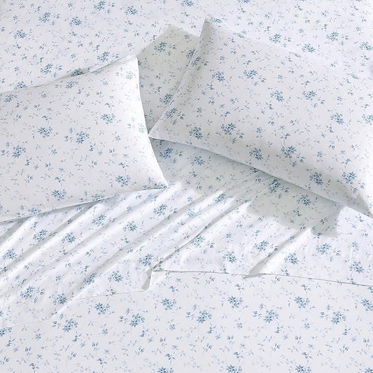 Laura Ashley - Pillowcase Set, Smooth & Wrinkle-Resistant Cotton Sateen Bedding, 2 Piece Pillowcases (Garden Muse Blue, Standard)