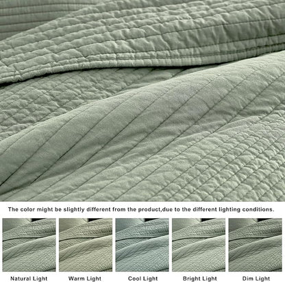palassio Striped Sage Green 100% Cotton Quilt King Size Bedding Sets, Lightweight Crinkly Channel Pick Stitch Textured Bedspread Soft Shabby Chic Farmhouse Country Coverlet for All Season, 2 Shams