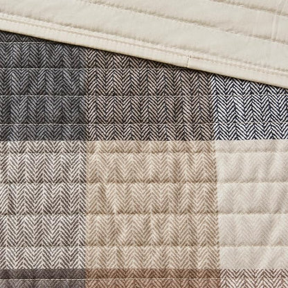 Madison Park Reversible Quilt Cabin Lifestyle Plaid Design - All Season, Breathable Coverlet Bedspread Bedding Set, Matching Shams, King/Cal King(104"x92"), Neutral 6 Piece