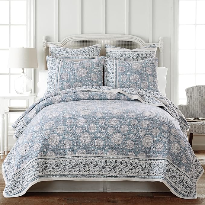 Levtex Home Adare Blue Reversible Full/Queen Quilt Set (88x92in) with 2 Pillow Shams (26x20in) - Floral Bedding - Blue White - Cotton Full/Queen Size Quilt Bedding Set - Lightweight, Soft, Pre-Washed