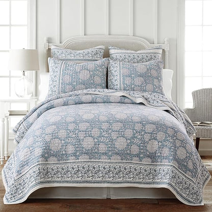 Levtex Home Adare Blue Reversible King/Cal King Quilt Set (106x92in) with 2 Pillow Shams (36x20in) - Floral Bedding - Blue White - Cotton King Size Quilt Bedding Set - Lightweight, Soft, Pre-Washed