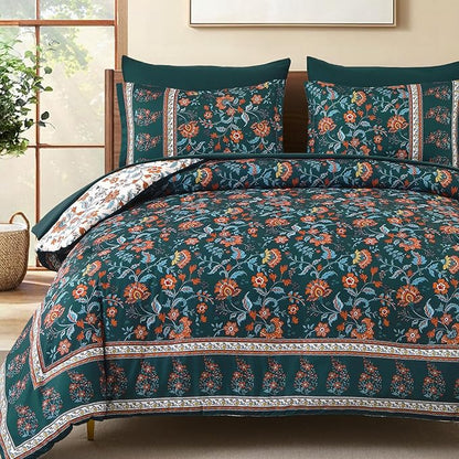 Dinjoy Comforter Set King Size Boho, Reversible Dark Green Bedding Paisley Floral 7 Piece Bed in a Bag Soft Lightweight Bohemain Comforters with Sheet Sets for All Season