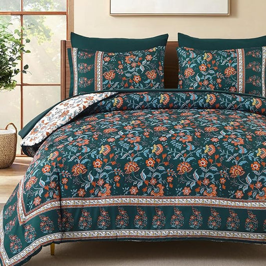 Dinjoy Comforter Set King Size Boho, Reversible Dark Green Bedding Paisley Floral 7 Piece Bed in a Bag Soft Lightweight Bohemain Comforters with Sheet Sets for All Season