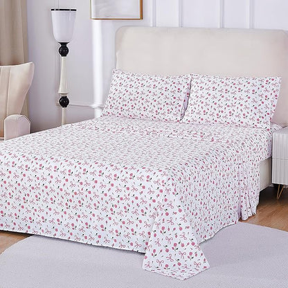 Softan Pink Floral Twin Bed Sheets, Cozy Microfiber Flower Printed Sheets with 15" Deep Pocket Fitted Sheet & Non-Slip Straps, Patterned Pink Rose - Bow Sheets & Pillowcase Set