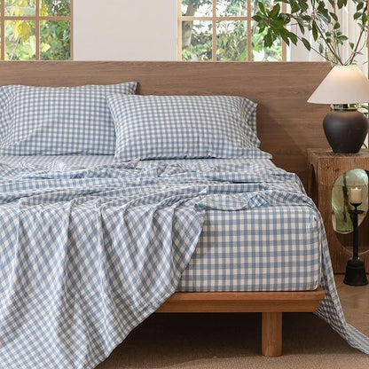 MooMee Gingham Sheet Set 100% Washed Cotton Linen Like Textured Breathable Soft w/Fully Elasticized 16-19" Deep Pocket (Classic Gingham Cornflower Blue, Queen)