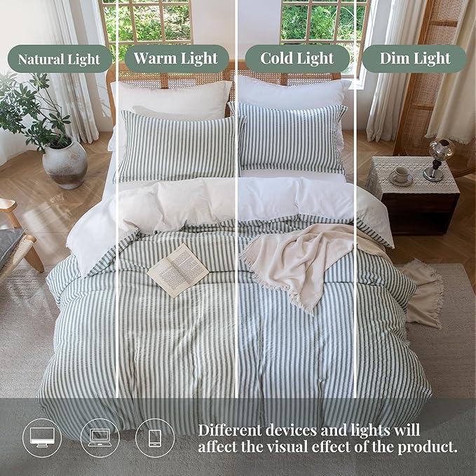 MILDLY Jacquard Stripe Duvet Cover - 100% Washed Cotton Sage Green Textured Spring Comforter Cover 3pcs with Zipper Closure 104"x90"