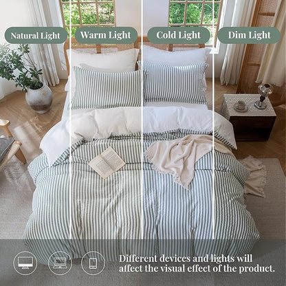 MILDLY Sage Green Striped Duvet Cover - 100% Washed Cotton Jacquard Textured Comforter Cover with Dual Zipper Closure & 8 Coner Ties