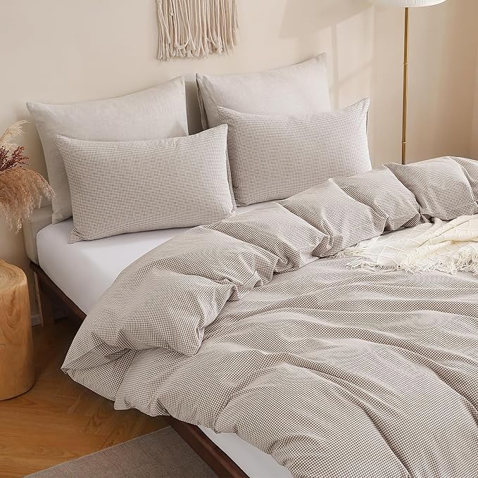 TOCOMOA Mini Gingham Tan Duvet Cover Bedding Set 100% Washed Cotton Like Linen Feel Super Soft Comfy 3 Piece Brown Small Plaid Checkered Fall Comforter Cover Set (Full 80"x90", Comforter Not Included)
