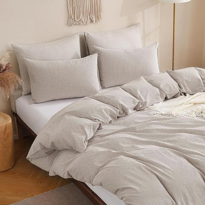 TOCOMOA Mini Gingham Tan Duvet Cover Bedding Set 100% Washed Cotton Like Linen Feel Super Soft Comfy 3 Piece Brown Small Plaid Checkered Comforter Cover Set (Queen 90"x90", Comforter Not Included)