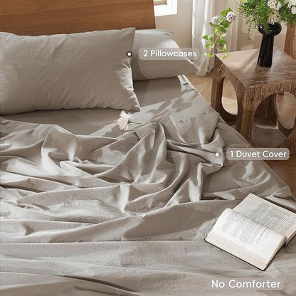 MooMee Bedding Duvet Cover Set 100% Washed Cotton Linen Like Textured Breathable Durable Soft Comfy (Solid Light Tan, Oversized King Plus 128"x120")