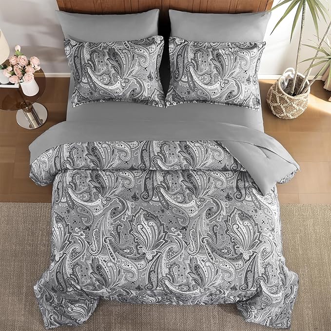 DJY Grey Paisley Comforter Set King, 7 Piece Boho Paisley Dark Gray Bed in a Bag Comforter Set, Soft Microfiber Complete Bedding Set for All Season (104''x90)
